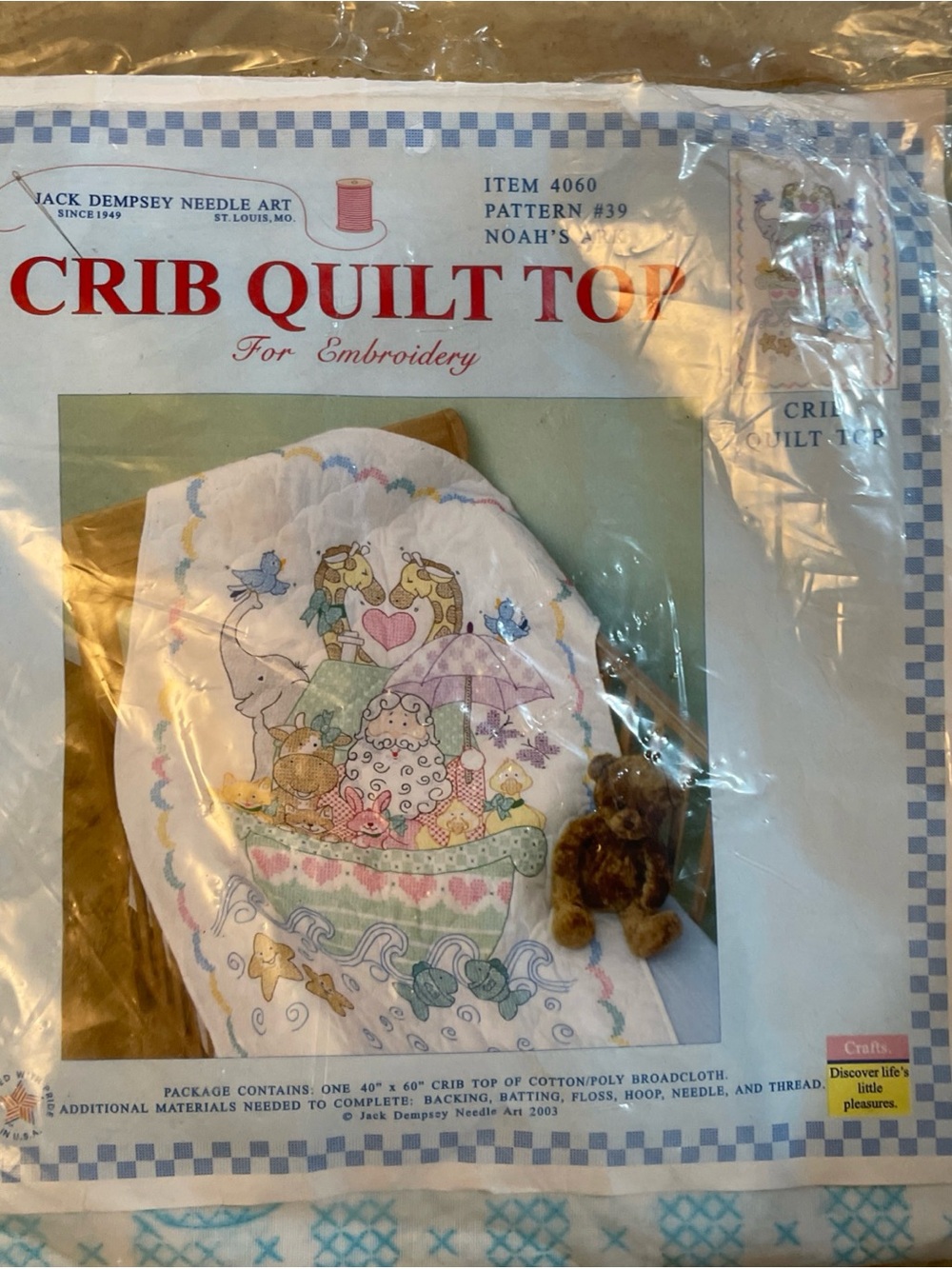 Crib Quilt Top Embroidery Kit NOAH'S ARK 40 x 60 in Jack Dempsey Needle Art